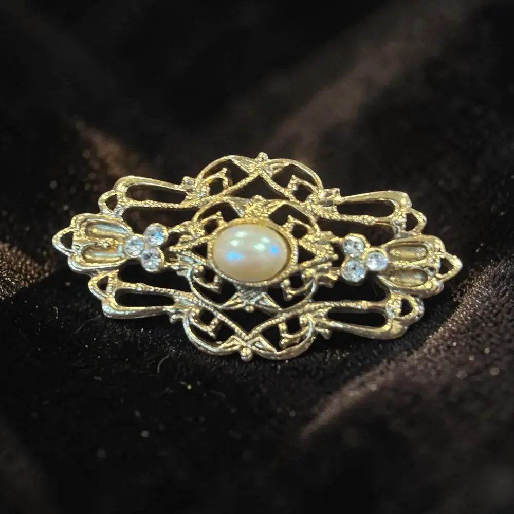 Vintage Pearl Rhinestone Filigree Brooch Gilded Romantic Edwardian Revival